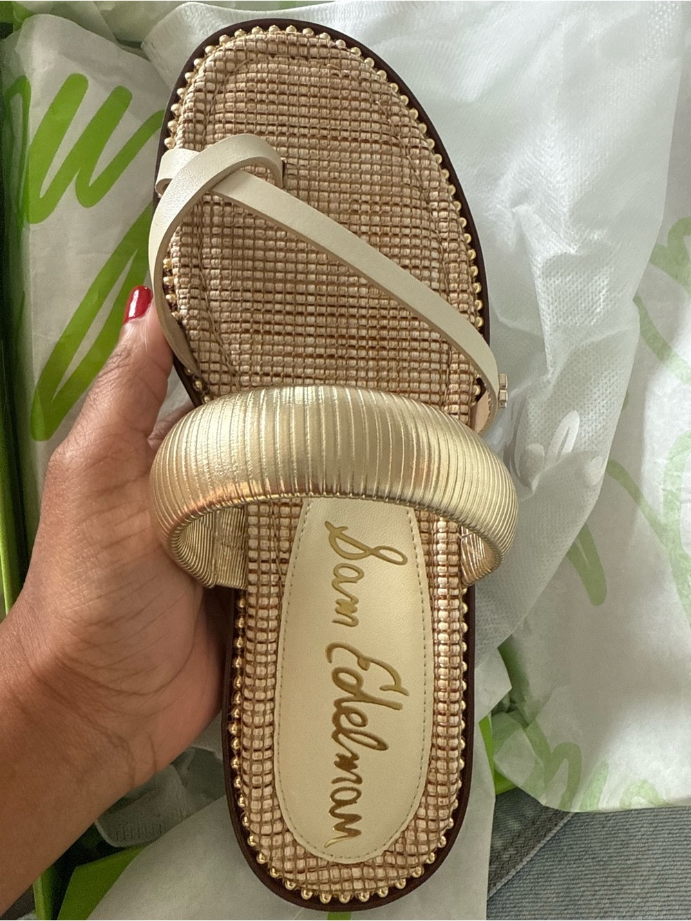 Sam Edelman Gold and Cream Padded Slide Sandal